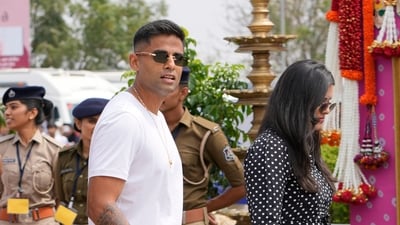 Suryakumar Yadav is in attendance with his wife Devisha. Suryakumar is recovering from a surgery for sports hernia and is expected to make his comeback during the 2024 season of the Indian Premier League (IPL). (AP) Suryakumar Yadav is in attendance with his wife Devisha. Suryakumar is recovering from a surgery for sports hernia and is expected to make his comeback during the 2024 season of the Indian Premier League (IPL). (AP)