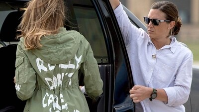 Former US First Lady Melania Trump is seen wearing a olive green jacket emblazoned with a message "I Really Don't Care. Do U?" (AP ) Former US First Lady Melania Trump is seen wearing a olive green jacket emblazoned with a message "I Really Don't Care. Do U?" (AP )