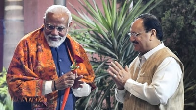 Prime Minister Narendra Modi being received by BJP National President JP Nadda upon his arrival for the BJP's Central Election Committee (CEC) meeting to finalise the first list of candidates for the upcoming Lok Sabha polls. (PTI) Prime Minister Narendra Modi being received by BJP National President JP Nadda upon his arrival for the BJP's Central Election Committee (CEC) meeting to finalise the first list of candidates for the upcoming Lok Sabha polls. (PTI)