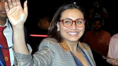 Rani Mukerji arriveed at the Jamnagar airport on Thursday to attend pre-wedding events of Anant Ambani and Radhika Merchant. (PTI)