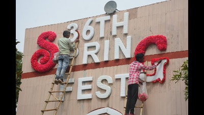 Preparations underway for the 36th Spring Fest that will be held at Town Park, Sector 5, Panchkula, on Saturday and Sunday. (Sant Arora/HT)