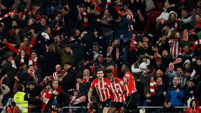 Athletic Bilbao's Inaki Williams celebrates scoring their first goal with teammates. (REUTERS)