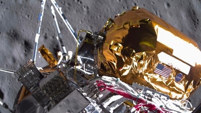 This image of Intuitive Machines shows approximately 30 meters (98 feet) above the lunar surface before Intuitive Machines' Odysseus lunar lander lands on the south pole region of the moon. (AFP) This image of Intuitive Machines shows approximately 30 meters (98 feet) above the lunar surface before Intuitive Machines' Odysseus lunar lander lands on the south pole region of the moon. (AFP)