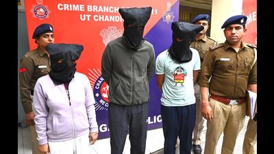 The arrested trio in the custody of Chandigarh Police crime branch. (Keshav Singh/HT) The arrested trio in the custody of Chandigarh Police crime branch. (Keshav Singh/HT)
