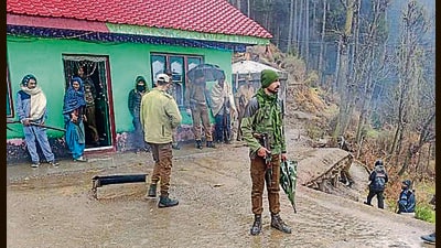 Troops during a search operation at a village in Udhampur district on Friday. (HT Photo)