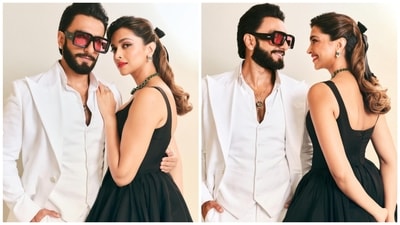 Deepika Padukone and Ranveer Singh looked the perfect couple in complementary black and white outfits. She wore a black floor length princess cut dress in the currently trending coquette theme, complete with a large bow in her hair. Ranveer looked dashing in his white suit and red sunglasses. Deepika Padukone and Ranveer Singh looked the perfect couple in complementary black and white outfits. She wore a black floor length princess cut dress in the currently trending coquette theme, complete with a large bow in her hair. Ranveer looked dashing in his white suit and red sunglasses.