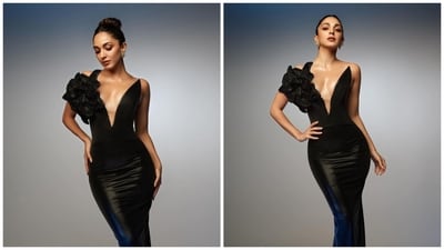 Kiara Advani shared pictures of her look for the night on Instagram. She wore a black dress with plunging neckline and large flower on right strap. She tied her hair in a bun. Kiara Advani shared pictures of her look for the night on Instagram. She wore a black dress with plunging neckline and large flower on right strap. She tied her hair in a bun.