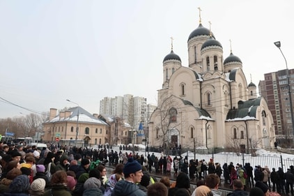 Mourners crowd outside the Mother of God Quench My Sorrows church ahead of a funeral service for late Russian opposition leader Alexei Navalny, in Moscow's district of Maryino on March 1, 2024. (Stringer/AFP) Mourners crowd outside the Mother of God Quench My Sorrows church ahead of a funeral service for late Russian opposition leader Alexei Navalny, in Moscow's district of Maryino on March 1, 2024. (Stringer/AFP)