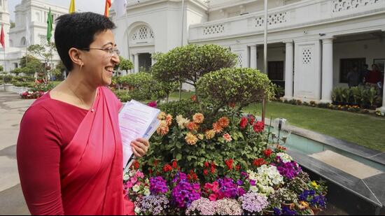Delhi finance minister Atishi arriving to present the Economic Survey in the assembly. (PTI)