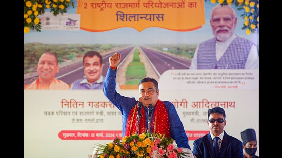 Union Minister for Road Transport and Highways Nitin Gadkari speaks during the inauguration of various developmental projects, in Mirzapur on Friday. (PTI)