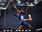 India's Jeswin Aldrin competes in the Men's Long Jump final during the Indoor World Athletics Championships in Glasgow, Scotland