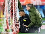 Kylian Mbappe (C) grimaces during Ligue 1 match between AS Monaco and Paris Saint-Germain (PSG). Kylian Mbappe (C) grimaces during Ligue 1 match between AS Monaco and Paris Saint-Germain (PSG).