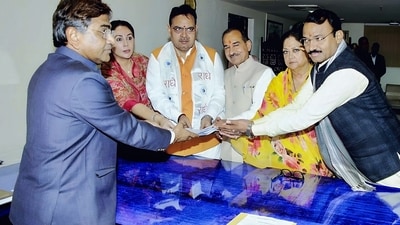 Rajasthan chief minister Bhajanlal Sharma, party national vice president Vasundhara Raje, state deputy CMs Diya Kumari and Prem Chand Bairwa filing the BJP Rajya Sabha candidate's Rajya Sabha nomination. (File photo) Rajasthan chief minister Bhajanlal Sharma, party national vice president Vasundhara Raje, state deputy CMs Diya Kumari and Prem Chand Bairwa filing the BJP Rajya Sabha candidate's Rajya Sabha nomination. (File photo)