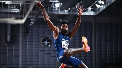 India's Jeswin Aldrin competes in the Men's Long Jump final during the Indoor World Athletics Championships in Glasgow, Scotland (AFP)