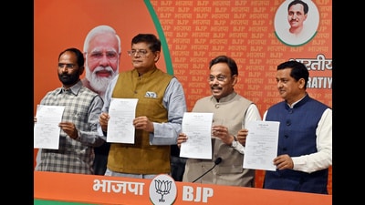 Bharatiya Janata Party (BJP) National Vice President Baijayant Jay Panda with party General secretary Vinod Tawde and party leader Anil Baluni annoucing the party's first list of candidates for Lok Sabha polls, at party headquarters, in New Delhi on Saturday. (Sanjay Sharma/ ANI)
