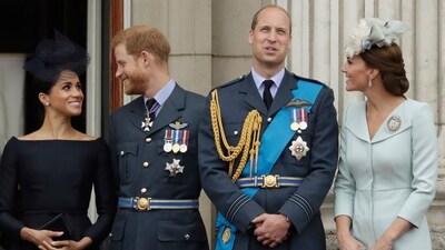 From left, Meghan the Duchess of Sussex, Prince Harry, Prince William and Kate the Duchess of Cambridge watch a flypast of Royal Air Force aircraft pass over Buckingham Palace in London, (AP) From left, Meghan the Duchess of Sussex, Prince Harry, Prince William and Kate the Duchess of Cambridge watch a flypast of Royal Air Force aircraft pass over Buckingham Palace in London, (AP)