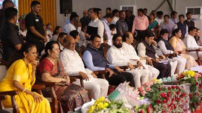Chief minister Eknath Shinde and deputy chief minister Devendra Fadnavis on Saturday lavished praise on their cabinet colleague Ajit Pawar at a Baramati event attended by Sharad Pawar. (HT) Chief minister Eknath Shinde and deputy chief minister Devendra Fadnavis on Saturday lavished praise on their cabinet colleague Ajit Pawar at a Baramati event attended by Sharad Pawar. (HT)