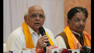 Gujarat Chief Minister Bhupendra Patel speaks to the media, in Ayodhya, Saturday. (Sourced) Gujarat Chief Minister Bhupendra Patel speaks to the media, in Ayodhya, Saturday. (Sourced)