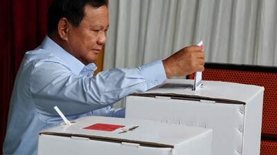 Presidential candidate Prabowo Subianto votes at a polling station during the general election in Indonesia. (REUTERS)
