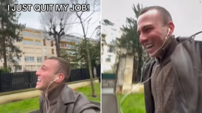 The image shows a man dancing in the rain after quitting his '9-5 job'. (Instagram/@fabriziovmoroni) The image shows a man dancing in the rain after quitting his '9-5 job'. (Instagram/@fabriziovmoroni)