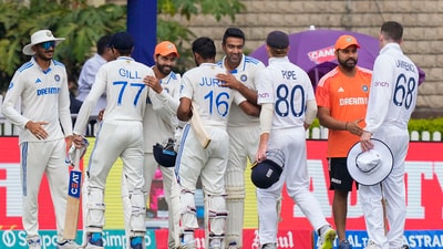Indian and English players greet each other after India won the fourth Test cricket match against England, in Ranchi, Monday, Feb. 26, 2024 (PTI) Indian and English players greet each other after India won the fourth Test cricket match against England, in Ranchi, Monday, Feb. 26, 2024 (PTI)
