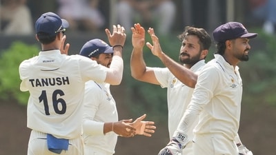 Mumbai's Shardul Thakur celebrates with teammates after taking the wicket of Tamil Nadu's Vijay Shankar (PTI) Mumbai's Shardul Thakur celebrates with teammates after taking the wicket of Tamil Nadu's Vijay Shankar (PTI)
