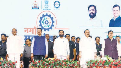 Pune, Mar 02 (ANI): Maharashtra CM Eknath Shinde along with state Dy CMs Devendra Fadnavis and Ajit Pawar, and NCP chief Sharad Pawar during the concluding day of the inaugural function of the departmental level 'Namo Maharojgar Melavaya', organized at Baramati in Pune on Saturday. (ANI Photo) (Eknath Shinde Twitter)