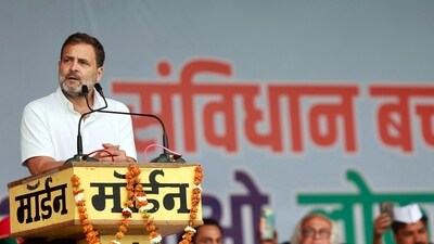 Congress leader Rahul Gandhi addresses the party's 'Bharat Jodo Nyay Yatra', in Dholpur on Saturday. (AICC) Congress leader Rahul Gandhi addresses the party's 'Bharat Jodo Nyay Yatra', in Dholpur on Saturday. (AICC)