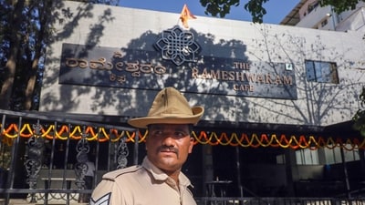 Bengaluru: Police personnel at the Rameshwaram Cafe after a blast, in Bengaluru, Friday, March 1, 2024. (PTI) Bengaluru: Police personnel at the Rameshwaram Cafe after a blast, in Bengaluru, Friday, March 1, 2024. (PTI)