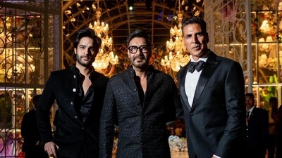The first day at Anant Ambani and Radhika Merchant's three-day pre-wedding fanfare in Jamnagar was a hit. Several Bollywood stars, international personalities and more took part in An Evening in Everland party. Here Ajay Devgn and his nephew are posing for pictures with Akshay Kumar. Most men turned up in black suits for the night. The first day at Anant Ambani and Radhika Merchant's three-day pre-wedding fanfare in Jamnagar was a hit. Several Bollywood stars, international personalities and more took part in An Evening in Everland party. Here Ajay Devgn and his nephew are posing for pictures with Akshay Kumar. Most men turned up in black suits for the night. 