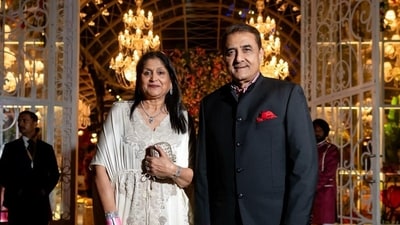 Politician Praful Patel with his wife. The party is in Jamnagar, a city of around 600,000 in a near-desert part of Gujarat state. It's the Ambani family's hometown, and the home of the main oil refinery of their business empire, Reliance Industries. There will also be traditional ceremonies in a temple complex. Politician Praful Patel with his wife. The party is in Jamnagar, a city of around 600,000 in a near-desert part of Gujarat state. It's the Ambani family's hometown, and the home of the main oil refinery of their business empire, Reliance Industries. There will also be traditional ceremonies in a temple complex. 