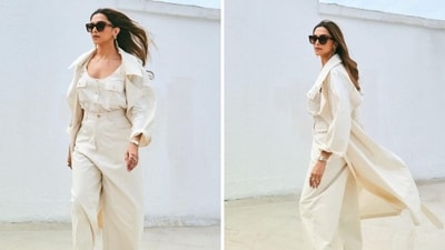 Deepika Padukone kept it simple and elegant in a creamy white top paired with baggy trousers and a long overcoat. The actor, who recently announced her pregnancy on Instagram, completed the look with black sunglasses and dangling earrings. Deepika Padukone kept it simple and elegant in a creamy white top paired with baggy trousers and a long overcoat. The actor, who recently announced her pregnancy on Instagram, completed the look with black sunglasses and dangling earrings.