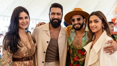 Katrina Kaif, Vicky Kaushal, Ranveer Singh and Deepika Padukone were all smiles for a pic together at the second day of the pre-wedding festivities in Jamnagar. Katrina Kaif, Vicky Kaushal, Ranveer Singh and Deepika Padukone were all smiles for a pic together at the second day of the pre-wedding festivities in Jamnagar. 