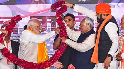 Aurangabad: Prime Minister Narendra Modi being garlanded by Bihar chief minister Nitish Kumar, deputy chief minister Samrat Choudhary and others during the inauguration of foundation stone laying ceremony of various development projects, in Aurangabad, Saturday, March 2, 2024. (PTI) Aurangabad: Prime Minister Narendra Modi being garlanded by Bihar chief minister Nitish Kumar, deputy chief minister Samrat Choudhary and others during the inauguration of foundation stone laying ceremony of various development projects, in Aurangabad, Saturday, March 2, 2024. (PTI)