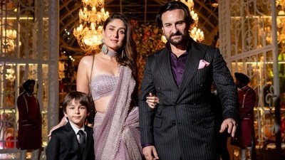 Kareena Kapoor and Saif Ali Khan were undoubtedly one of the best-dressed couples of the evening. Kareena wore a lavender sequined saree with shimmer and crystal embellishments all over. She completed her look with a matching sleeveless bralette blouse, diamond choker necklace and statement earrings. On the other hand, Saif looked dapper in a back-striped pantsuit paired with a purple satin shirt. (Instagram) Kareena Kapoor and Saif Ali Khan were undoubtedly one of the best-dressed couples of the evening. Kareena wore a lavender sequined saree with shimmer and crystal embellishments all over. She completed her look with a matching sleeveless bralette blouse, diamond choker necklace and statement earrings. On the other hand, Saif looked dapper in a back-striped pantsuit paired with a purple satin shirt. (Instagram)