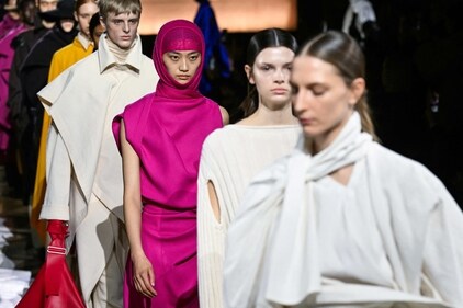 Models present creations by Issey Miyake for the Women Ready-to-wear Fall-Winter 2024/2025 collection as part of the Paris Fashion Week, in Paris on March 1, 2024. (Photo by MIGUEL MEDINA / AFP) Models present creations by Issey Miyake for the Women Ready-to-wear Fall-Winter 2024/2025 collection as part of the Paris Fashion Week, in Paris on March 1, 2024. (Photo by MIGUEL MEDINA / AFP)