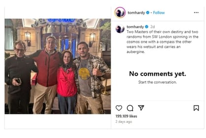 Tom Hardy's Instagram post in which he's seen sporting the same casual get-up that he wore in the Venom 2 and Spider-Man: No Way Home post-credit scenes. (Instagram) Tom Hardy's Instagram post in which he's seen sporting the same casual get-up that he wore in the Venom 2 and Spider-Man: No Way Home post-credit scenes. (Instagram)