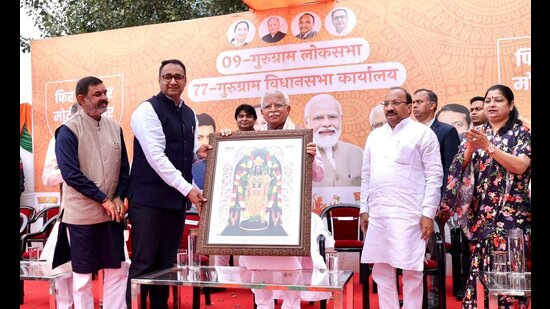 Addressing the BJP workers at party office ‘Guru Kamal’ here, chief minister Manohar Lal Khattar said the “historic works” done by Prime Minister Narendra Modi are discussed all over the world. The chief minister was speaking after virtually inaugurating the Lok Sabha election offices in all 90 assemblies of the state. (Photo: X)