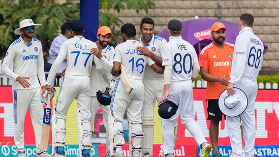 Indian and English players greet each other after India won the fourth Test cricket match against England, in Ranchi, Monday, Feb. 26, 2024 (PTI)