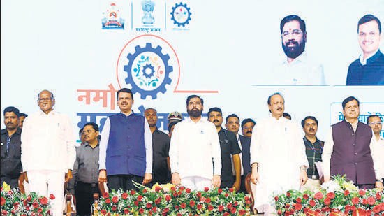 Pune, Mar 02 (ANI): Maharashtra CM Eknath Shinde along with state Dy CMs Devendra Fadnavis and Ajit Pawar, and NCP chief Sharad Pawar during the concluding day of the inaugural function of the departmental level 'Namo Maharojgar Melavaya', organized at Baramati in Pune on Saturday. (ANI Photo) (Eknath Shinde Twitter)