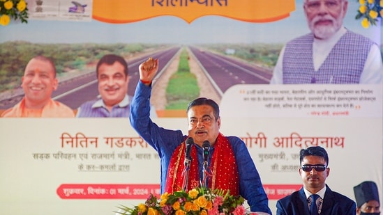 Union minister for road transport and highways Nitin Gadkari speaks during the inauguration of various developmental projects, in Mirzapur on Friday. (PTI)