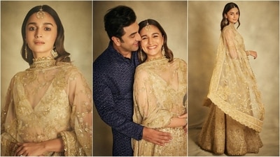 Alia Bhatt and Ranbir Kapoor are serving couple fashion goals in exquisite ethnic outfits on day 2 of Anant Ambani and Radhika Merchant's pre-wedding festivities. The adorable B-town couple are attending the ceremony in Jamnagar, Gujrat with their daughter Raha. Wherever the fashionable couple step out, they make sure to turn heads. Their stunning pictures from the event set social media abuzz. In the post, Alia looks stunning in an intricate gold embroidered lehenga while Ranbir looks dashing in a blue kurta set. (Instagram/@aliaabhatt) Alia Bhatt and Ranbir Kapoor are serving couple fashion goals in exquisite ethnic outfits on day 2 of Anant Ambani and Radhika Merchant's pre-wedding festivities. The adorable B-town couple are attending the ceremony in Jamnagar, Gujrat with their daughter Raha. Wherever the fashionable couple step out, they make sure to turn heads. Their stunning pictures from the event set social media abuzz. In the post, Alia looks stunning in an intricate gold embroidered lehenga while Ranbir looks dashing in a blue kurta set. (Instagram/@aliaabhatt)