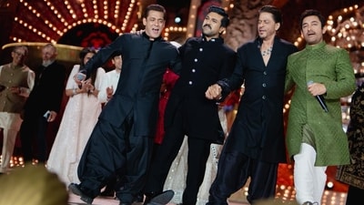 Ram Charan joined Salman Khan, Shah Rukh Khan and Aamir Khan as they did the hook step of his RRR song Naatu Naatu. The Khans also danced to Naacho Naacho, the Hindi version of the track. They showed off their moves on stage on the second day of the grand pre-wedding event of Mukesh Ambani's son Anant Ambani and his fiancee Radhika Merchant. The three-day event is taking place in Jamnagar, Gujarat. Ram Charan joined Salman Khan, Shah Rukh Khan and Aamir Khan as they did the hook step of his RRR song Naatu Naatu. The Khans also danced to Naacho Naacho, the Hindi version of the track. They showed off their moves on stage on the second day of the grand pre-wedding event of Mukesh Ambani's son Anant Ambani and his fiancee Radhika Merchant. The three-day event is taking place in Jamnagar, Gujarat.