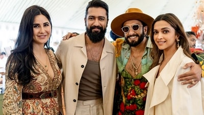 Bollywood actors Ranveer Singh and Vicky Kaushal pose for a picture with their wives Deepika Padukone and Katrina Kaif during the pre-wedding bash of Anant Ambani with Radhika Merchant in Jamnagar. (ANI) Bollywood actors Ranveer Singh and Vicky Kaushal pose for a picture with their wives Deepika Padukone and Katrina Kaif during the pre-wedding bash of Anant Ambani with Radhika Merchant in Jamnagar. (ANI)
