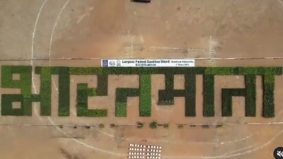 A total of 65,724 saplings were used to spell out the words ‘Bharat Mata’. (Instagram/@airnewsalerts) A total of 65,724 saplings were used to spell out the words ‘Bharat Mata’. (Instagram/@airnewsalerts)