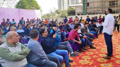 Homebuyers meet the builder, the promoter, and H-Rera officials in Gurugram on Sunday. (Parveen Kumar/HT Photo)