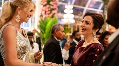 Chairperson and founder of the Reliance Foundation Nita Ambani, wife of billionaire tycoon Mukesh Ambani speaking to Ivanka Trump, daughter of US' former president Donald Trump during a three-day pre-wedding celebration for their son Anant Ambani and Radhika Merchant in Jamnagar. (AFP) Chairperson and founder of the Reliance Foundation Nita Ambani, wife of billionaire tycoon Mukesh Ambani speaking to Ivanka Trump, daughter of US' former president Donald Trump during a three-day pre-wedding celebration for their son Anant Ambani and Radhika Merchant in Jamnagar. (AFP)