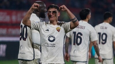 Roma's Paulo Dybala, centre, celebrates after scoring his side's third goal during the Serie A match between AC Monza and Roma . (AP) Roma's Paulo Dybala, centre, celebrates after scoring his side's third goal during the Serie A match between AC Monza and Roma . (AP)