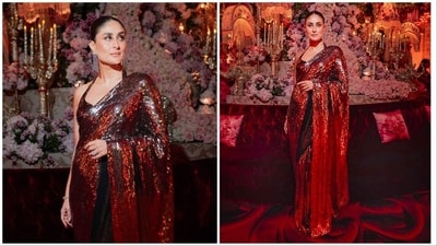 Kareena Kapoor looked glamorous in Manish Malhotra's signature quad sequin saree, which she paired with an embellished halter neck blouse. Kareena Kapoor looked glamorous in Manish Malhotra's signature quad sequin saree, which she paired with an embellished halter neck blouse. 