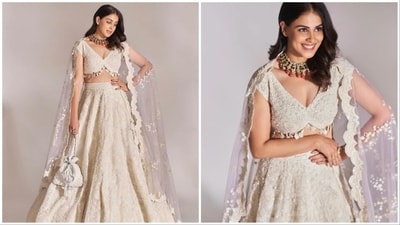 Genelia Deshmukh looked absolutely stunning in an all-white contemporary lehenga from the collection of Osaa by Adarsh. (Instagram/@geneliad) Genelia Deshmukh looked absolutely stunning in an all-white contemporary lehenga from the collection of Osaa by Adarsh. (Instagram/@geneliad)